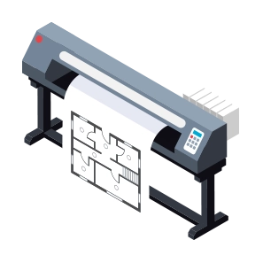 Ilustración de plotter imprimiendo planos técnicos