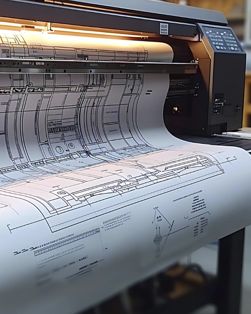 Plotter de gran formato imprimiendo planos técnicos